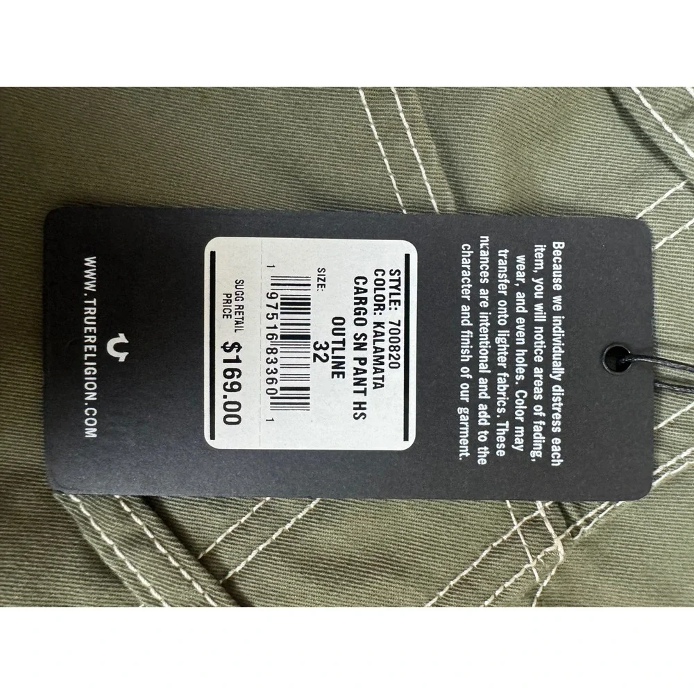 True Religion Mens Cargo SN Pant HS Kalamata Green Contrast Stitch ~33x32 NWT